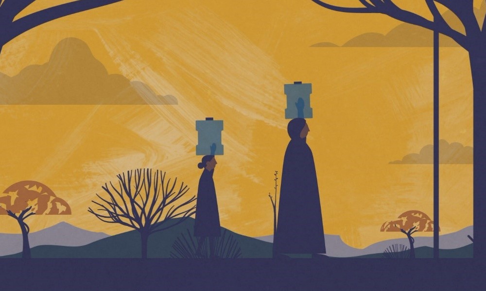 a woman and daughter carrying water