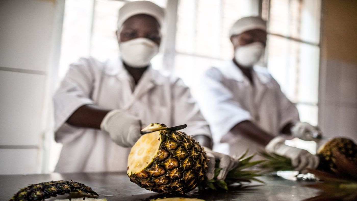 Rwandan women peel pineapples at co-op